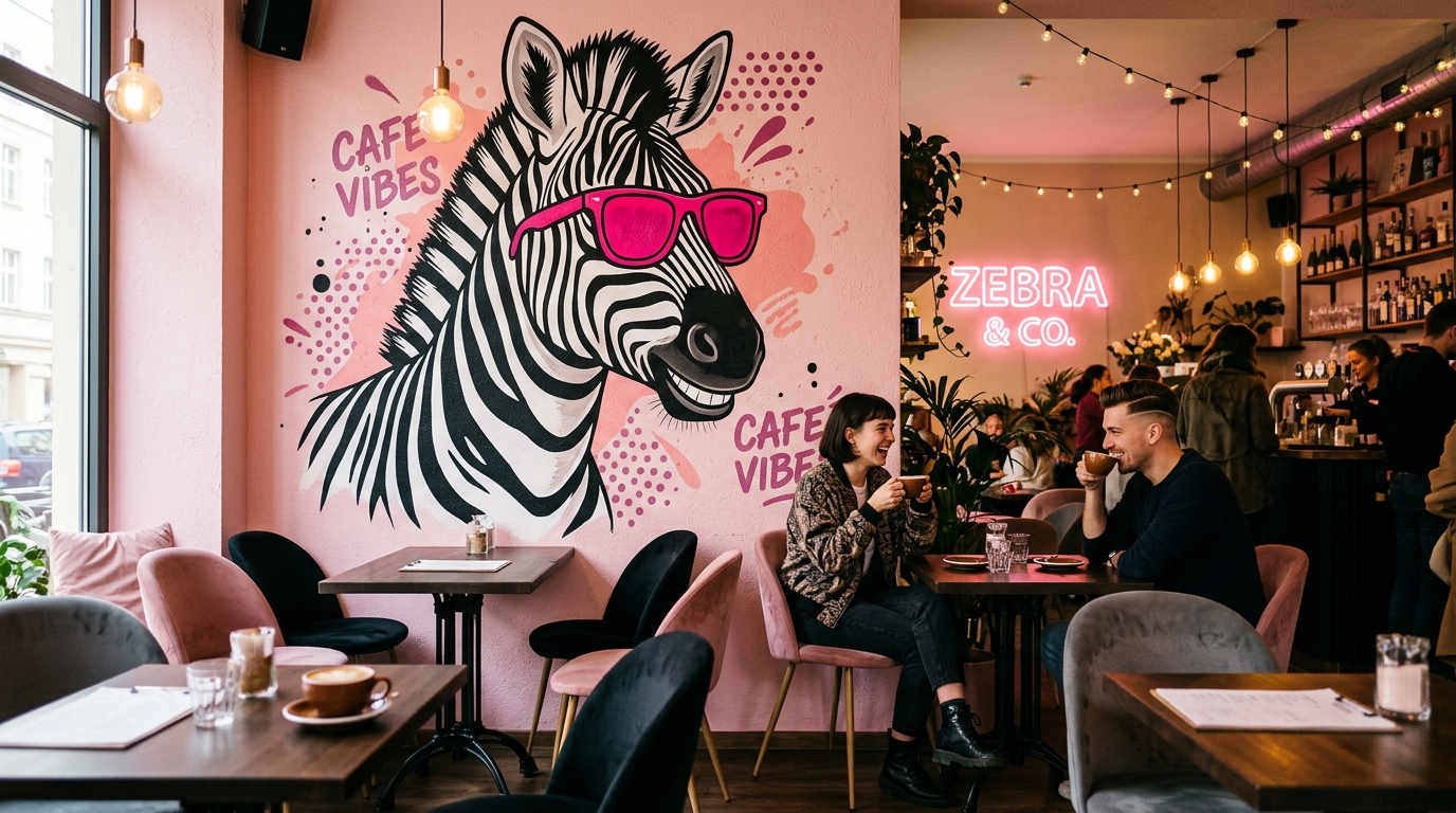 Mural Zebra w różowych okularach w Kawiarence